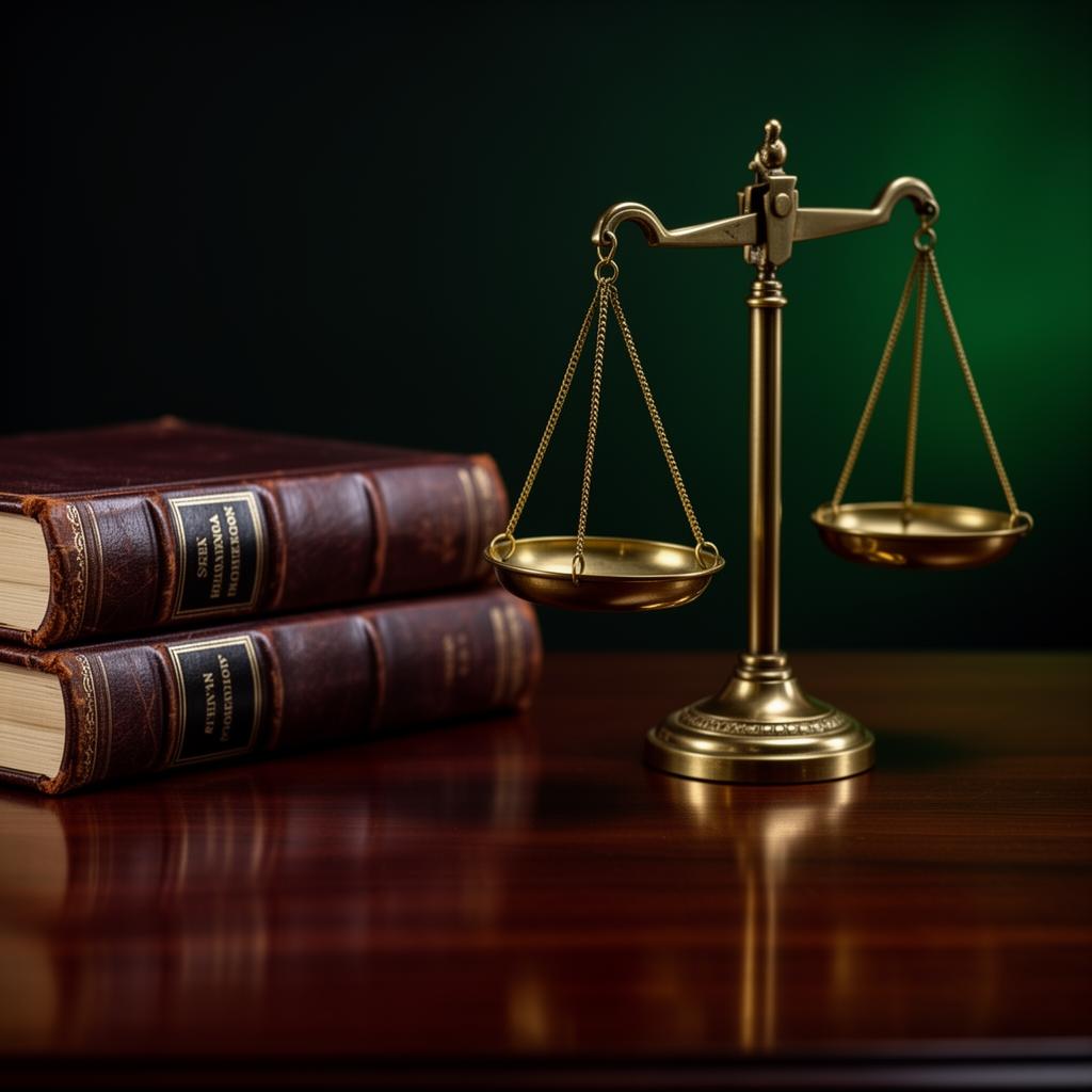 Scales of justice on a desk beside law books